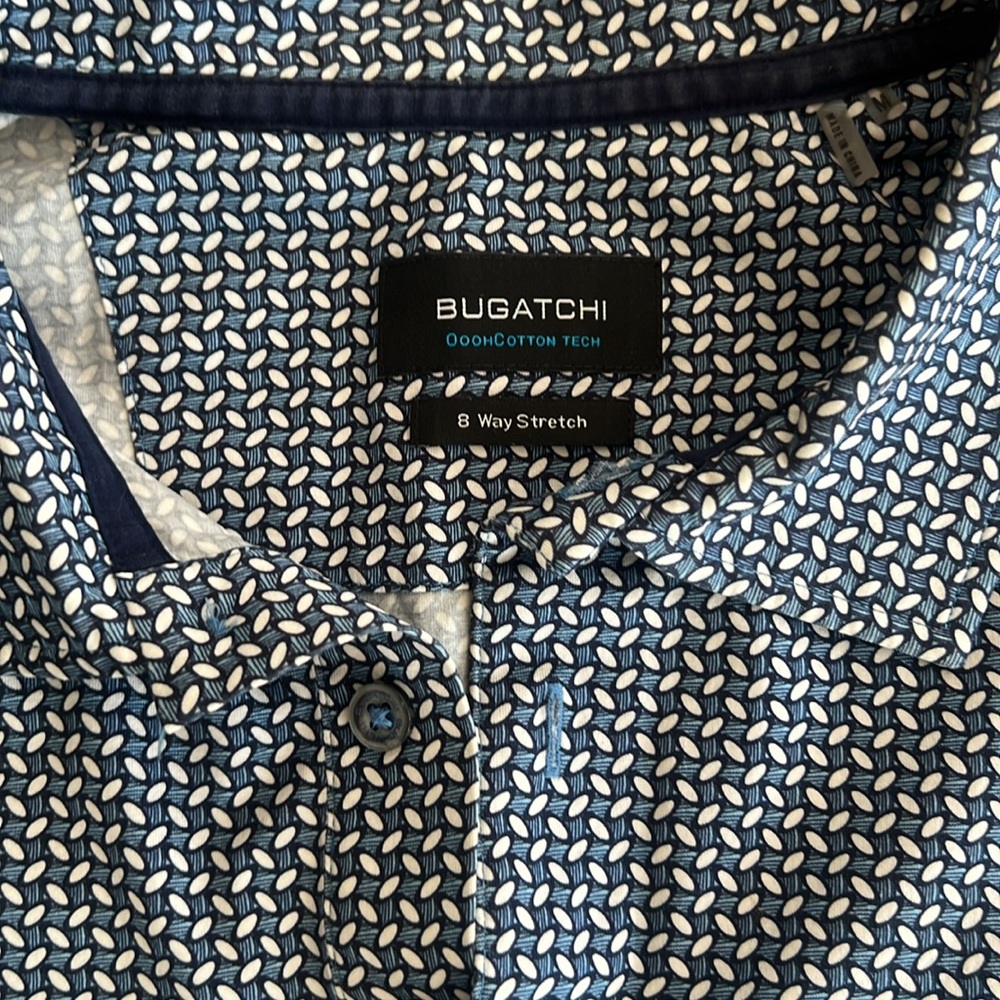 Bugatchi OoohCotton Tech 8-Way Stretch polo shirt in a blue and white geometric